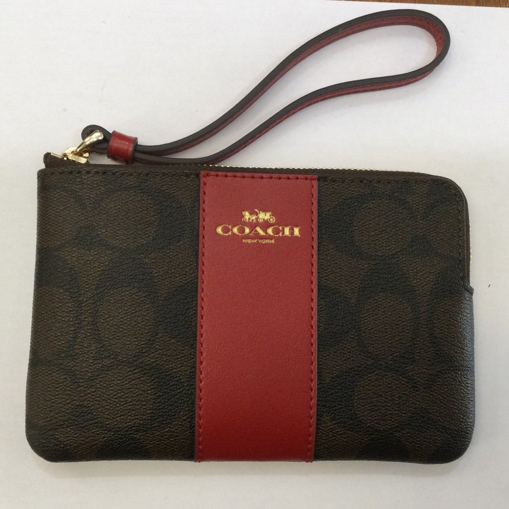 Coach NWT Authentic Woman's Corner Zip Wristlet Signature PVC Brown/1941 Red